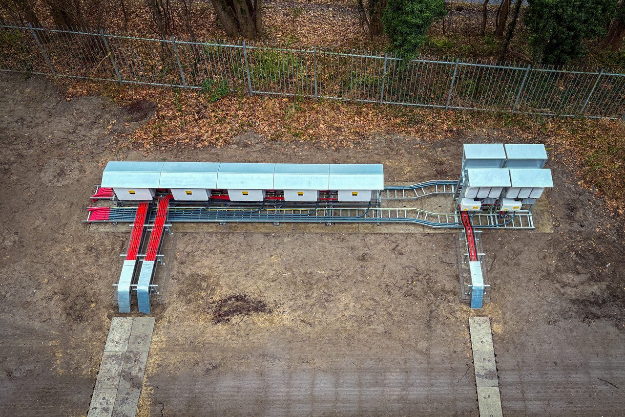 Aerial view of cabling and switchgear for a battery storage system