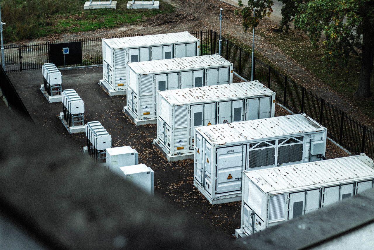 Aerial view of battery storage container rows